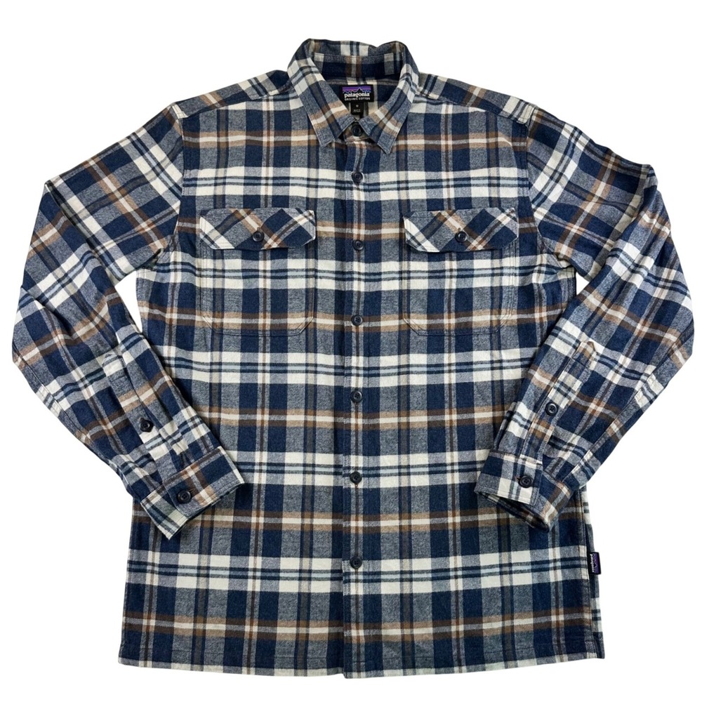 Patagonia Mens Fjord Flannel Shirt Navy Brown Plaid Organic Cotton Size Medium